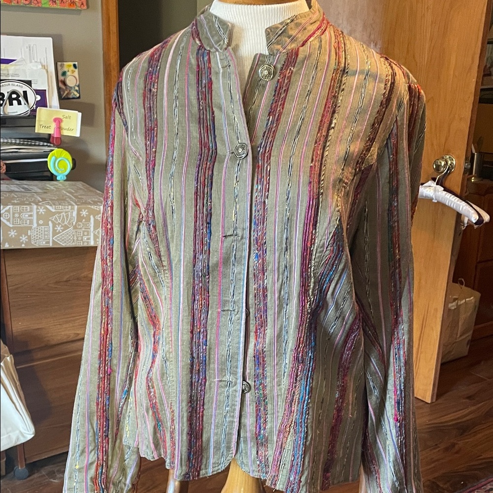Coldwater Creek Cream and Multicolor Striped Shirt Jacket